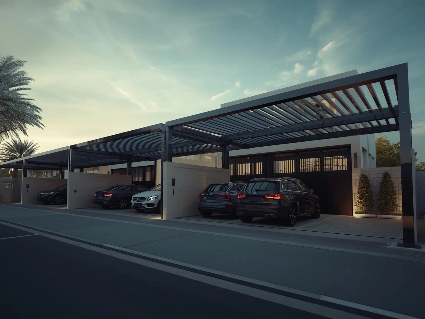 Modern car parking pergola structure built by Wasleen Pergolas in Ajman